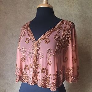 Sequin Beaded Formal Cape Collar Shoulder Shrug Shawl Applique Copper Chiffon
