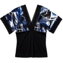 Abstract Black Blue Kimono Top Blouse (S)