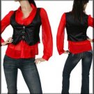 Red Collar Black Vest Flutter Sleeve Top Blouse (S)