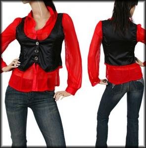 Red Collar Black Vest Flutter Sleeve Top Blouse (S)