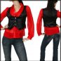 Red Collar Black Vest Flutter Sleeve Top Blouse (S)