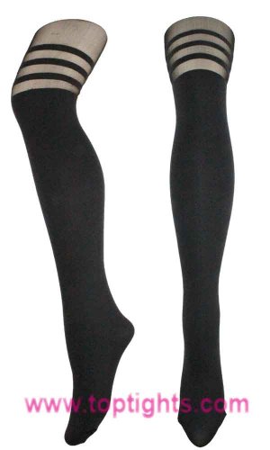 Black Mock Stripe Hoops Garter Pattern Print Tights Over the Knee Stockings