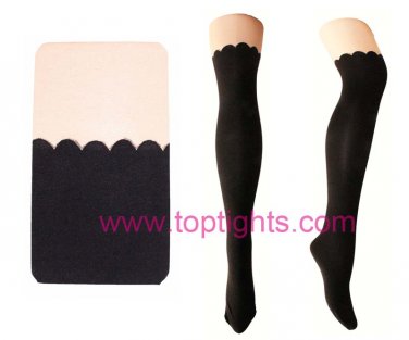 Black Beige Two Tone Wave Pattern Mock Over the Knee Stockings