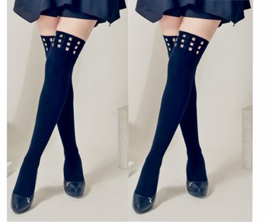 Black Metal Square Stud Opaque Hold Up Stockings Punk Hosiery