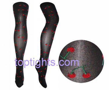 Cherry Print Black Tights Kawaii Fairy Kei Emo Hosiery