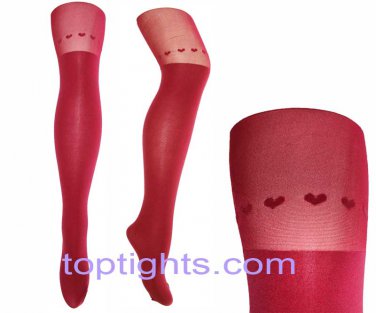Red Over the Knee Heart Print Tights Hosiery Stockings