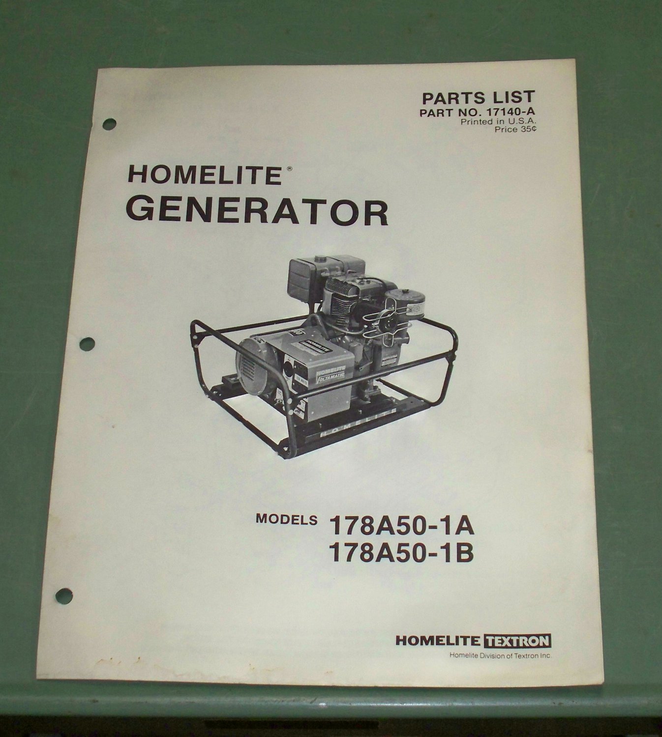 Homelite Generators, Parts List, Part No. 17140A, Model 178A501A & 1B