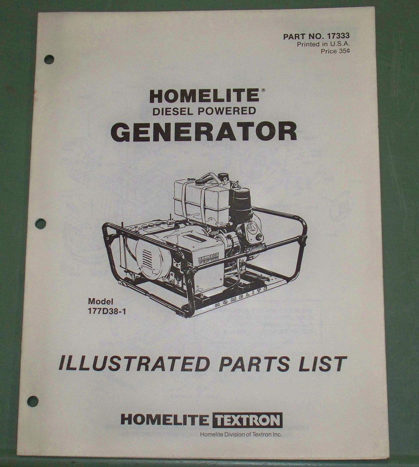 Homelite Generators, Parts List, Part No. 17333, Model 177D381 Diesel