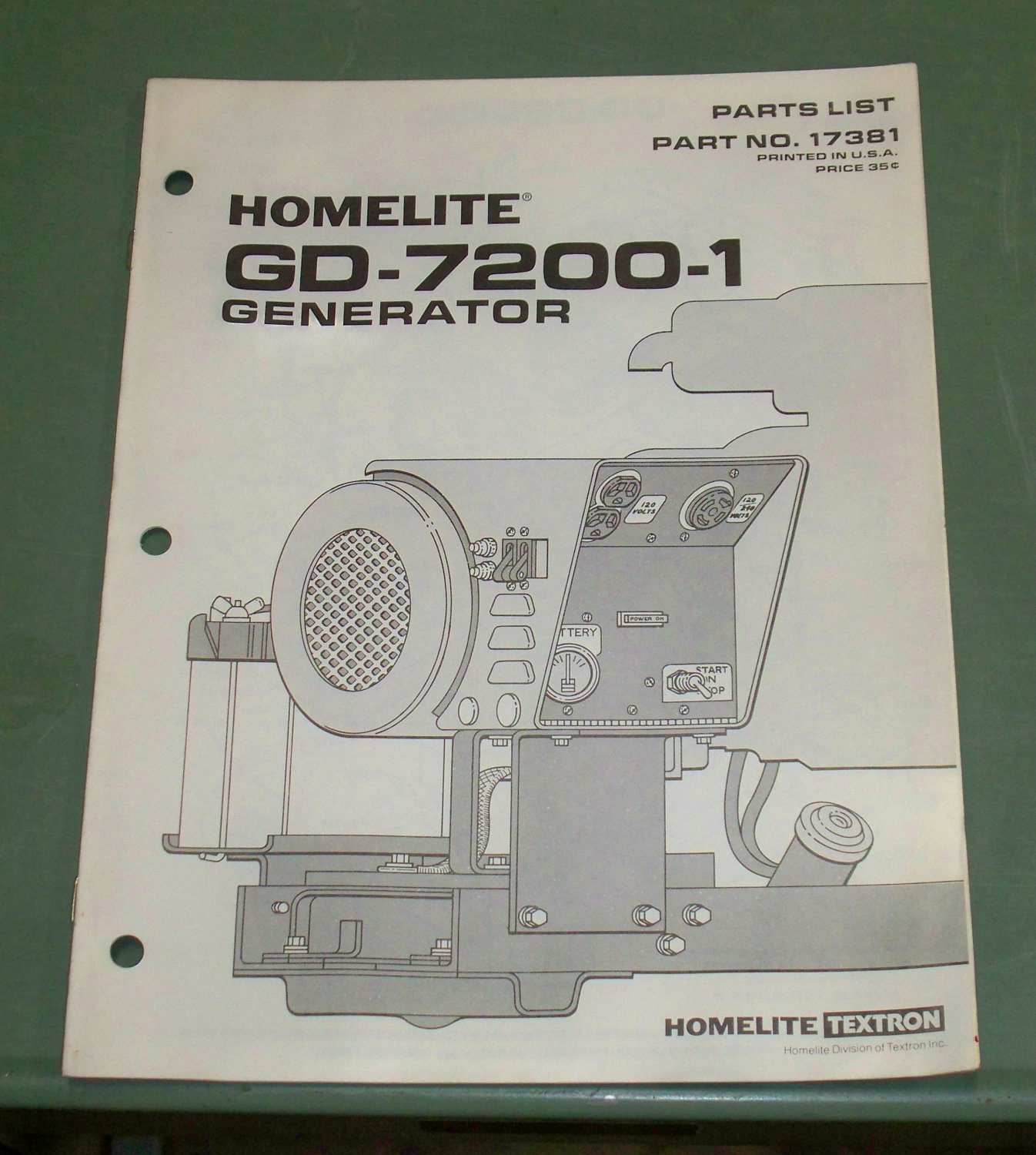Homelite Generators, Parts List, Part No. 17381, Models GD72001