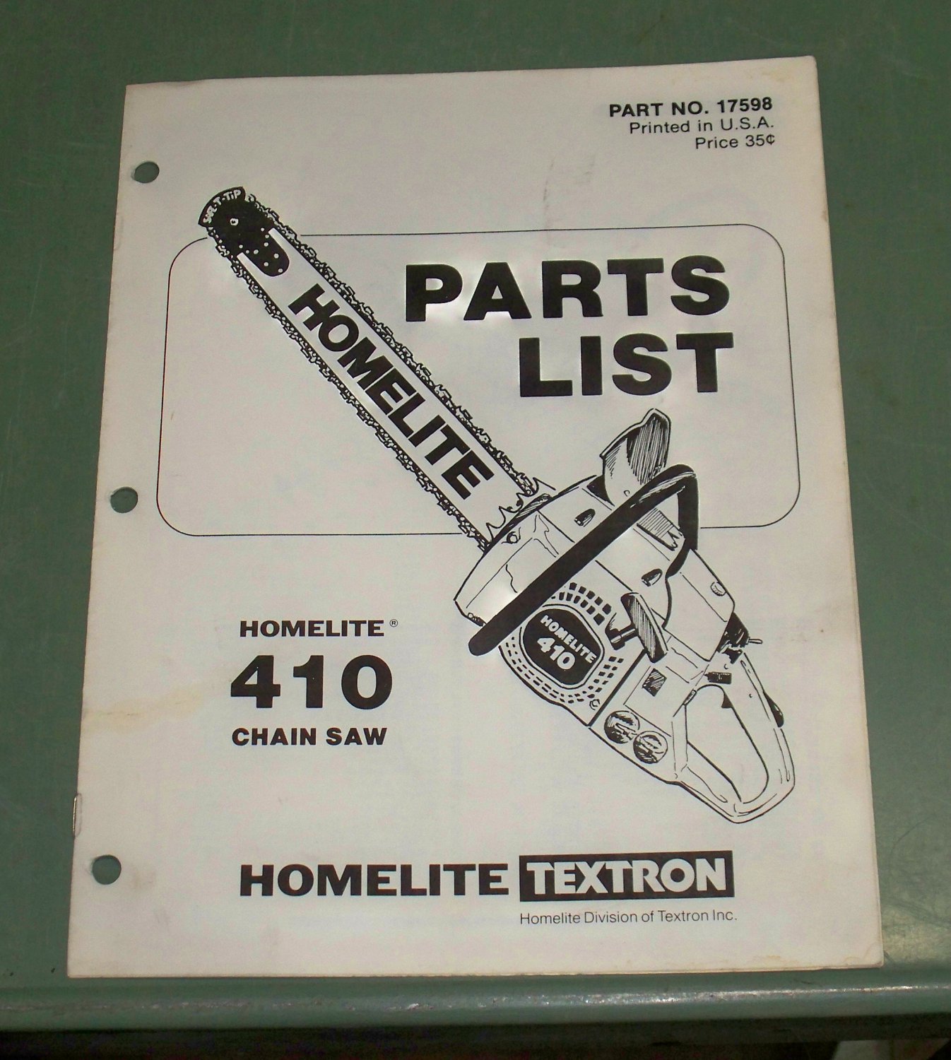 Homelite 410 Chain Saw Parts List, Part No. 17598 Illustrated