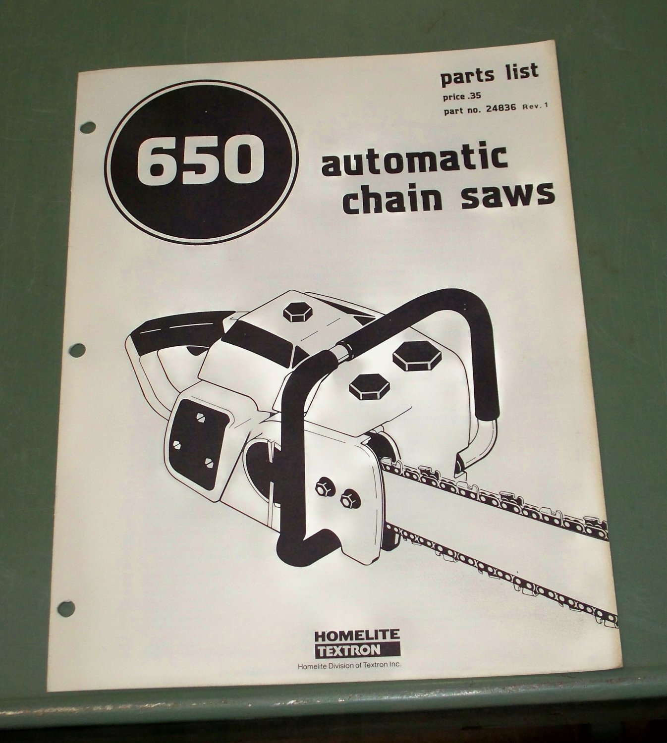 Homelite 650 Automatic Chain Saw Part No. 24836 Rev. 1 Illustrated
