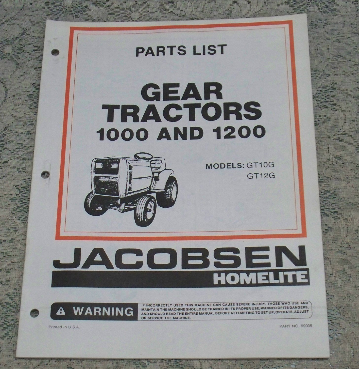 Homelite Jacobsen Parts List Gear Tractors 1000 & 1200 Models GT10G & GT12G