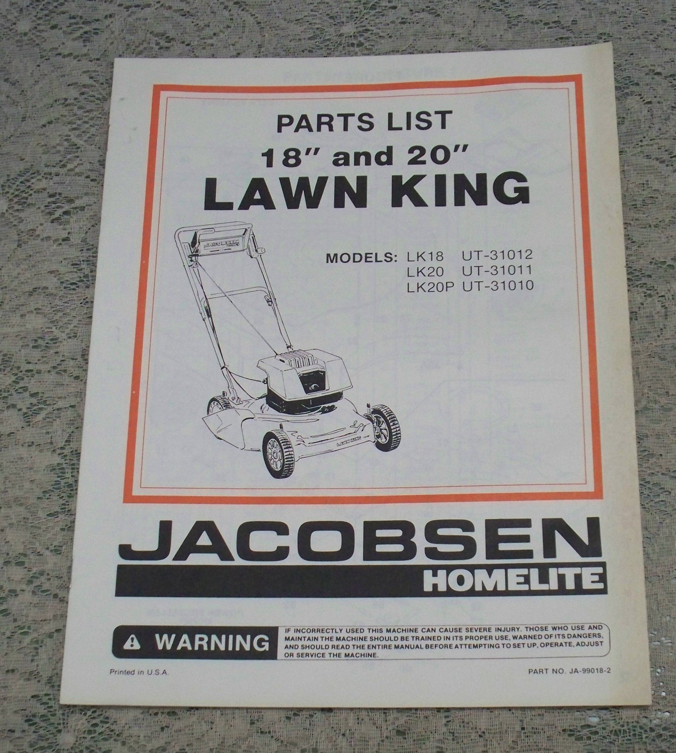 Homelite Jacobsen Parts List 18" & 20" Lawn King part no. JA990182