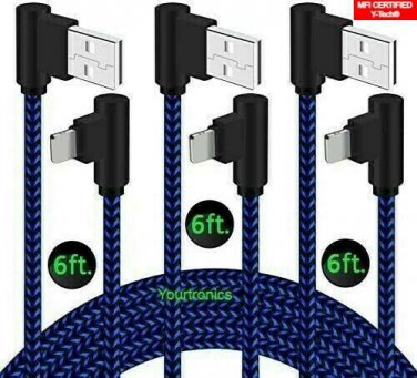 3 PACK 6ft 90 Degree Angle Fast Charging Cable Quick Charger Charge Power Cord