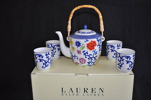 RALPH LAUREN China Mandarin Blue Tea Pot 4 Cups Set NIB