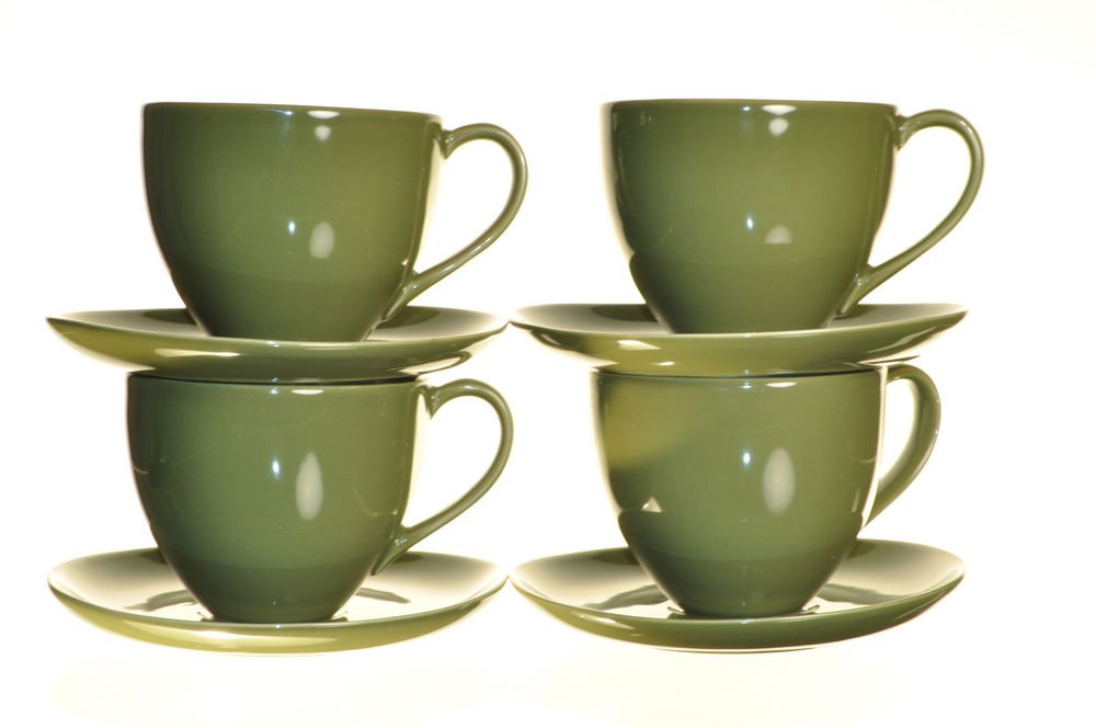 DIANE VON FURSTENBERG DVF Pebblestone  Avocado Green Tea Cup/Saucers Set/4 New