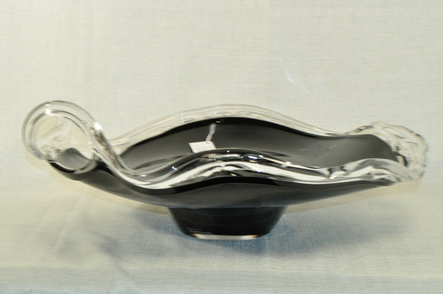 ION TAMAIAN Art Glass Hand Blown Bowl Black/Clear Fused Romania New