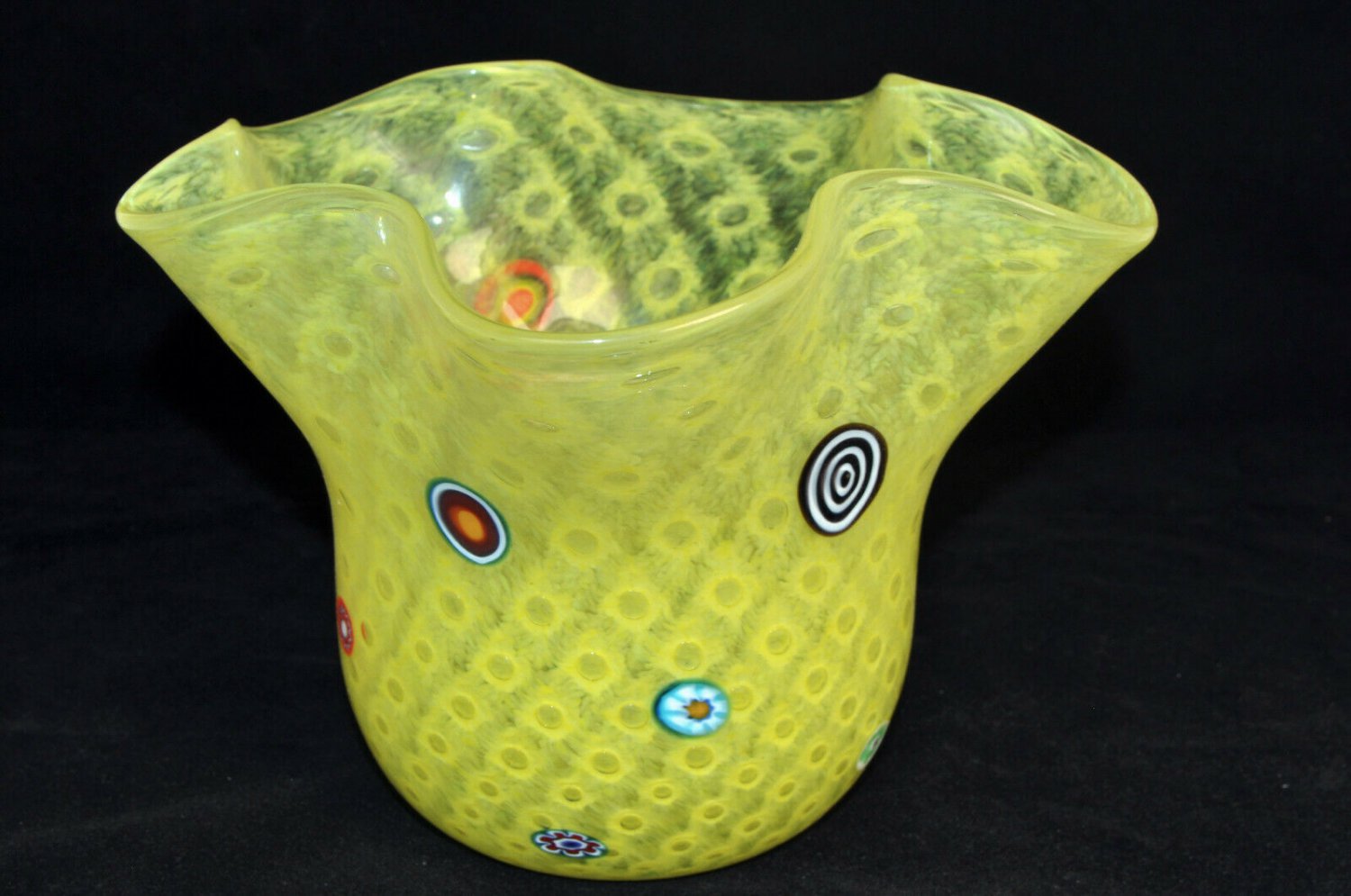 MURANO Art Glass Gambaro & Poggi Handkerchief Murrine Millefiori Yellow Vase New