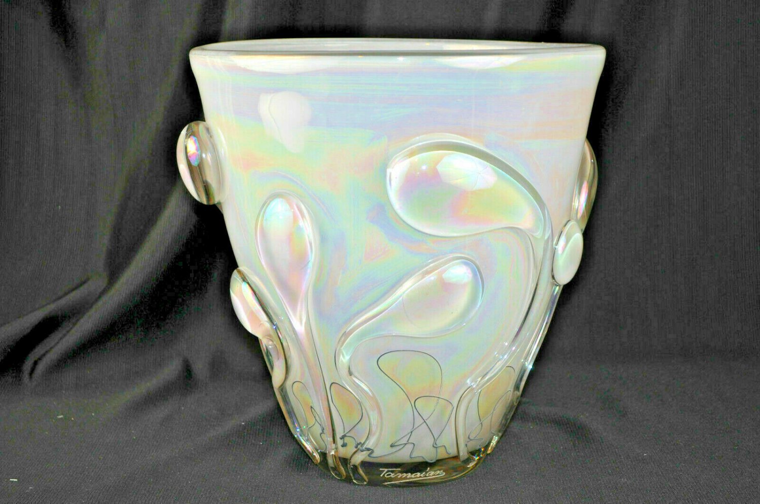 ION TAMAIAN Art Glass Hand Blown Shiny White Vase Vessel Fused Romania New