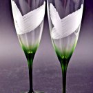 CZECH REPUBLIC CRYSTAL Green Champagne Flute Glass Etched Lines Set/2 New