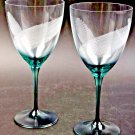 CZECH REPUBLIC CRYSTAL Aqua Wine Glass Etched Lines Set/2 Drinkware New