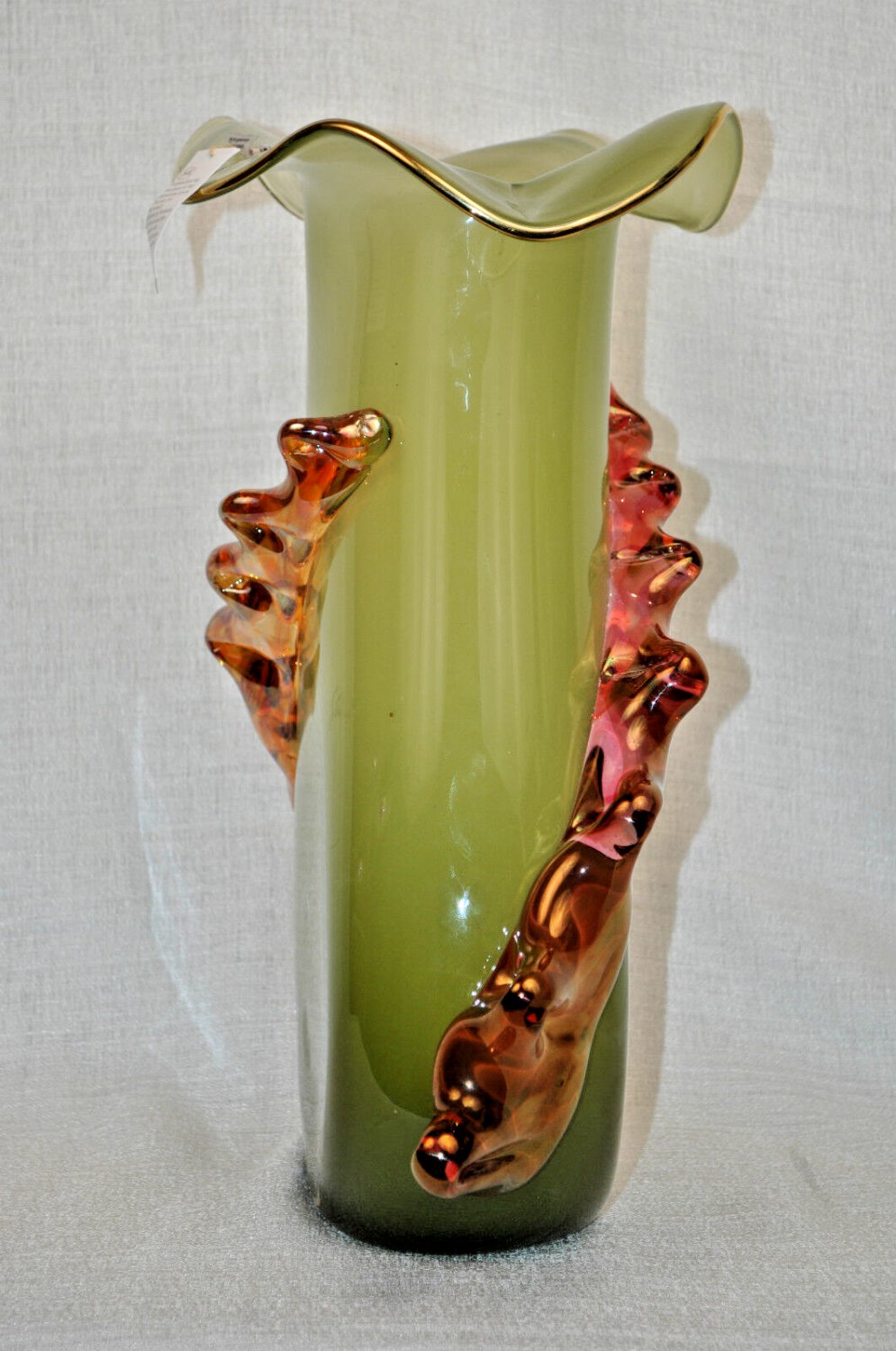 ION TAMAIAN Art Glass Hand Blown Green Vase Fused Glass Romania New