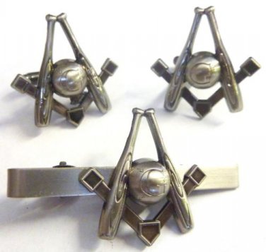 MLB Baseball Bats & Field Square Compass Masonic Freemason TIE BAR CUFFLINKS SET