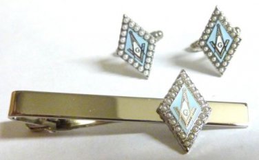 Pearl Square and Compass Masonic Freemason Suit TIE BAR CUFFLINKS SET
