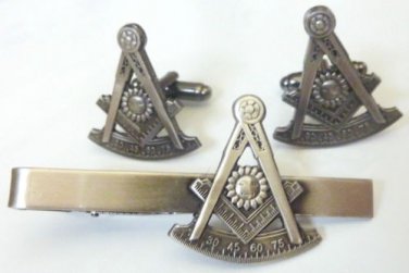 Past Master Square Compass Masonic Freemason Masonry Lodge TIE BAR CUFFLINKS SET