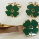 JEWISH LUCKY CLOVER Israel Star of David Jew TIE BAR CUFFLINKS CUFF LINKS SET