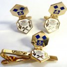 Masonic HINGE FLIP Trowel Slipper Gavel Tools Euclids TIE BAR CUFFLINKS SET