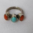 Old Navajo Sterling Silver Turquoise & Coral Ring Sz 4