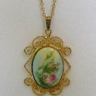 Vintage Porcelain Painted Rose Pendant Necklace