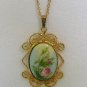 Vintage Porcelain Painted Rose Pendant Necklace
