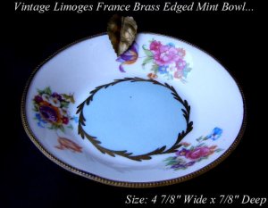 VINTAGE LIMOGES FLOWER BRASS TRIM MINT BOWL BLUE GOLD