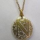 Avon Enameled Letter N Porcelain Pendant & Necklace