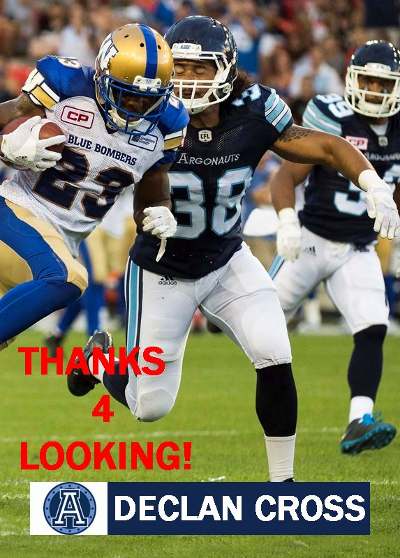 DECLAN CROSS 2016 TORONTO ARGONAUTS CFL FOOTBALL CARD