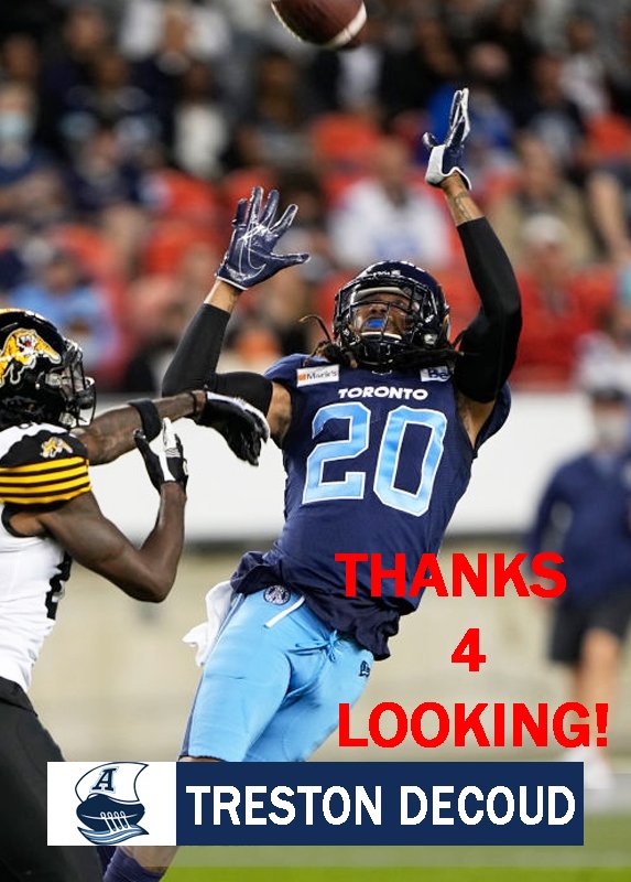 TRESTON DECOUD 2021 TORONTO ARGONAUTS CFL FOOTBALL CARD