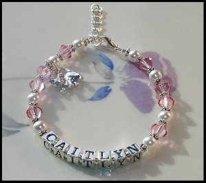 Custom Girls Baby Name Charm Bracelet Swarovski Crystal and Sterling Silver