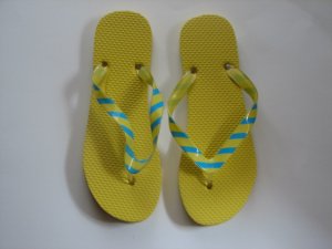 Women's Flip Flops with GLOSSY PRINTED STRAPS Yellow with Blue Stripes Size 9-10 (Large)