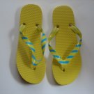 Women's Flip Flops with GLOSSY PRINTED STRAPS Yellow with Blue Stripes Size 5-6 (Small)