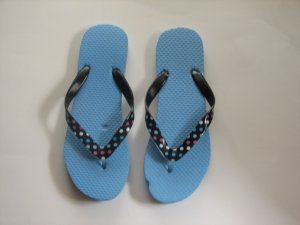 Women's Flip Flops with GLOSSY PRINTED STRAPS Turquoise with Polka Dots Size 11 (X-Large)