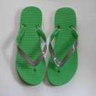 Women's Flip Flops with GLOSSY PRINTED STRAPS Green with Pink Hearts Size 9-10 (Large)