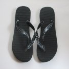 Women's Flip Flops with GLOSSY PRINTED STRAPS Black with White Stars Size 9-10 (Large)