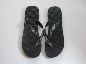 Women's Flip Flops with GLOSSY PRINTED STRAPS Black with White Stars Size 9-10 (Large)