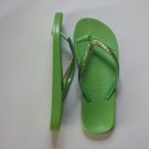 Women's Flip Flops Green Comfort with Glitter Thong Size 9-10