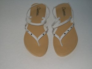 Women's White Thin Patent Strap Thong Sandals with Studs Size 9-10 (Large)