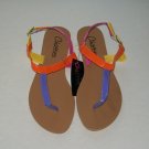 Women's Purple, Orange, Pink and Yellow Fluorescent T-Strap Sandals Size 9-10 (Large)