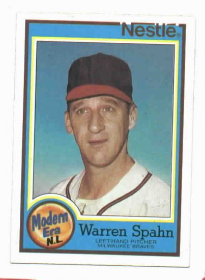 1987 Nestle Warren Spahn Baseball Card Milwaukee Braves
