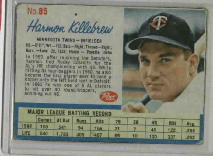 1962 Post Harmon Killebrew Baseball Card Minnesota Twins
